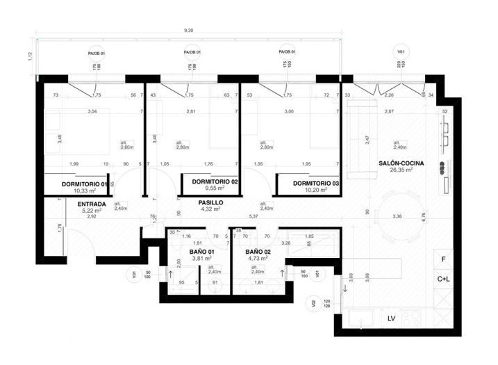 Plano del proyecto con cotas (Solución A)