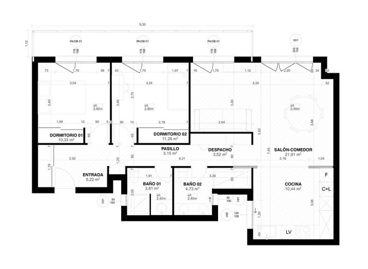 Plano del proyecto con cotas (Solución B)